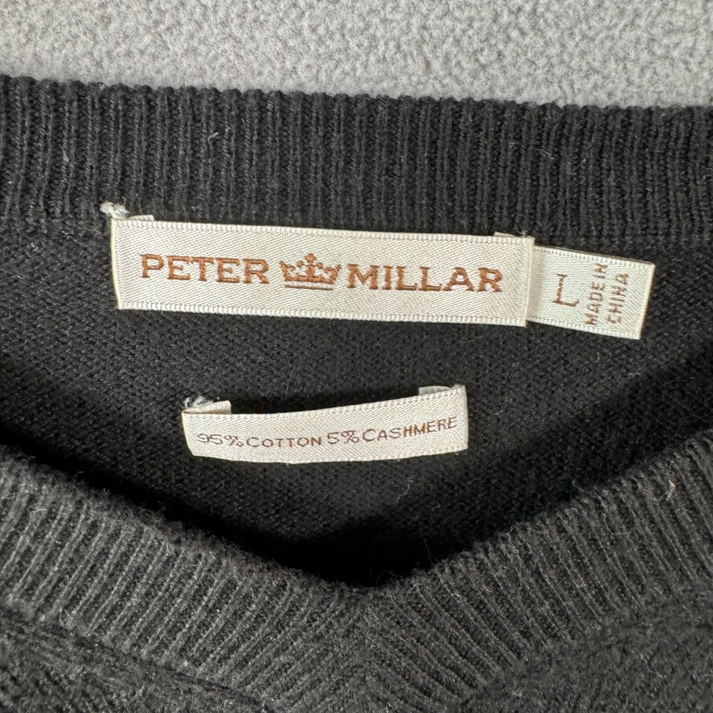 Peter Millar V-Neck Sweater Mens Large Black Long Sleeve Cotton Cashmere Blend - Picture 5 of 12